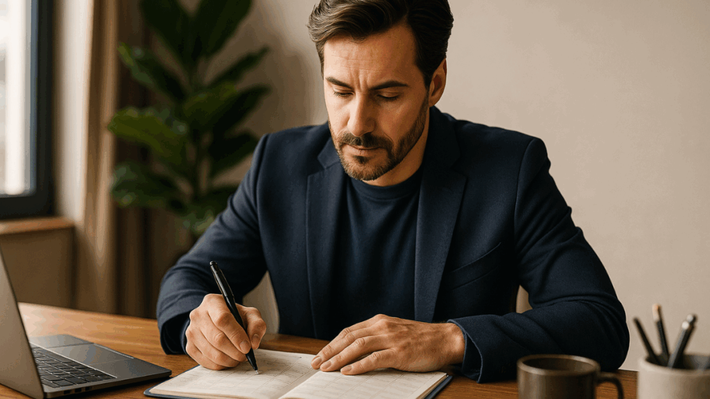 Homem concentrado revisando o planejamento semanal no escritório