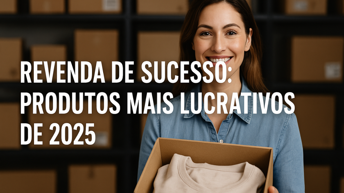 Empreendedora sorridente com caixa de roupas e texto centralizado destacando os produtos mais lucrativos para revender em 2025.