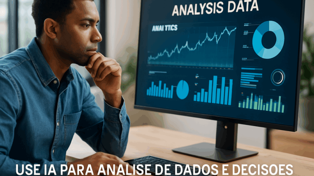Jovem empreendedor avaliando gráficos com inteligência artificial para tomar decisões estratégicas