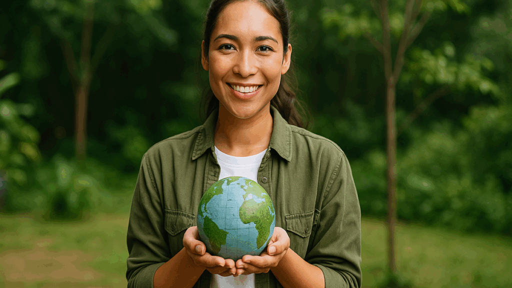 Mulher sorridente segurando um globo em meio à natureza, simbolizando sustentabilidade e vida ecológica nos nichos lucrativos 2025.