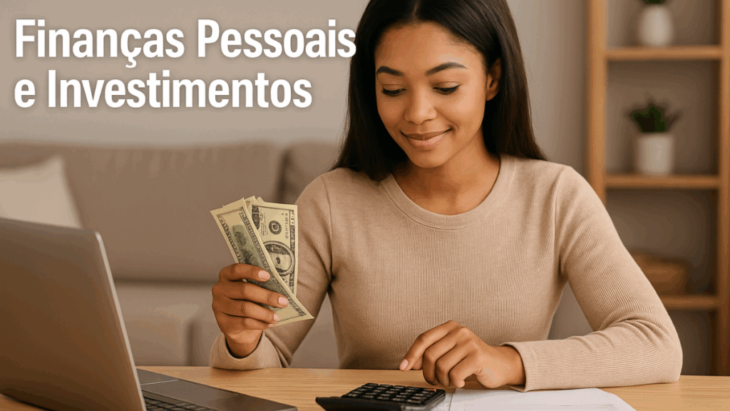 Mulher sorridente calculando despesas enquanto segura dinheiro em mãos, simbolizando finanças pessoais e investimentos nos nichos lucrativos 2025.