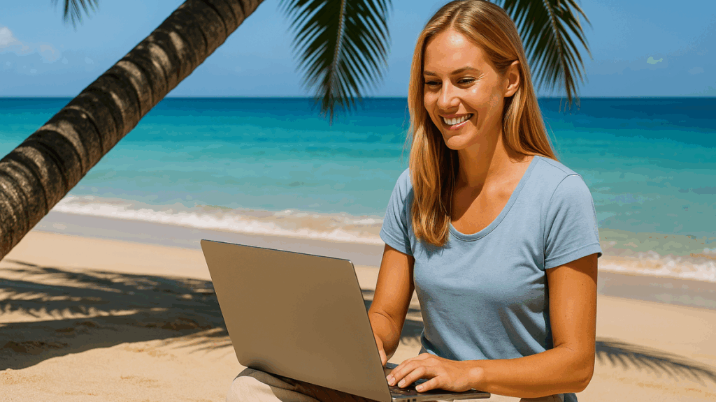 Mulher jovem trabalhando remotamente em uma praia tropical com laptop no colo, representando o estilo de vida nômade digital em 2025.