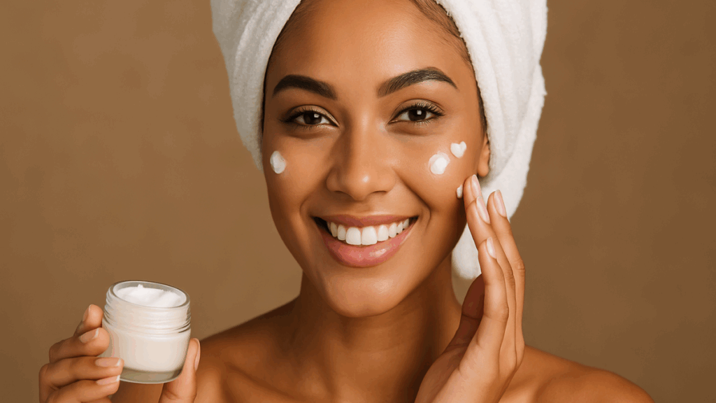 Mulher sorridente aplicando creme facial com pele iluminada e saudável, representando o nicho de beleza e cuidados com a pele em 2025.
