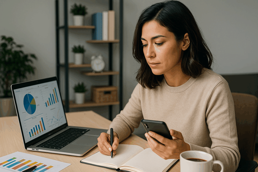 Afiliada digital configurando automações de e-mail e analisando gráficos de vendas no laptop