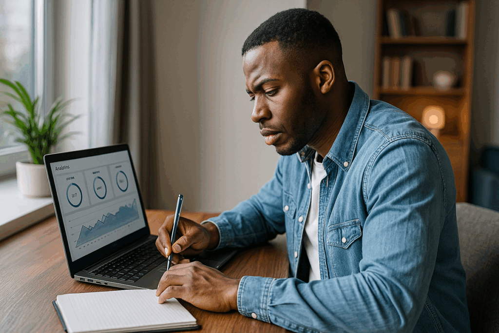 Profissional digital aplicando o método de 3 passos para afiliados enquanto revisa estratégias e anota resultados no laptop.