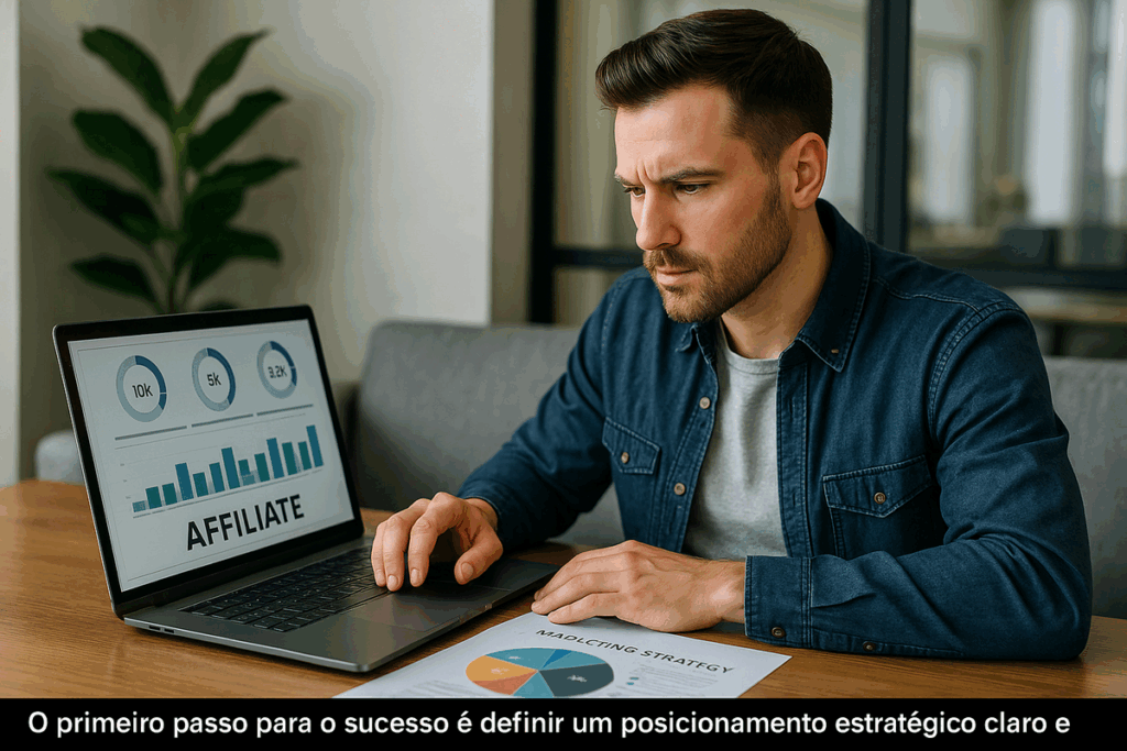Criador de conteúdo digital analisando estratégias de marketing e afiliados no laptop