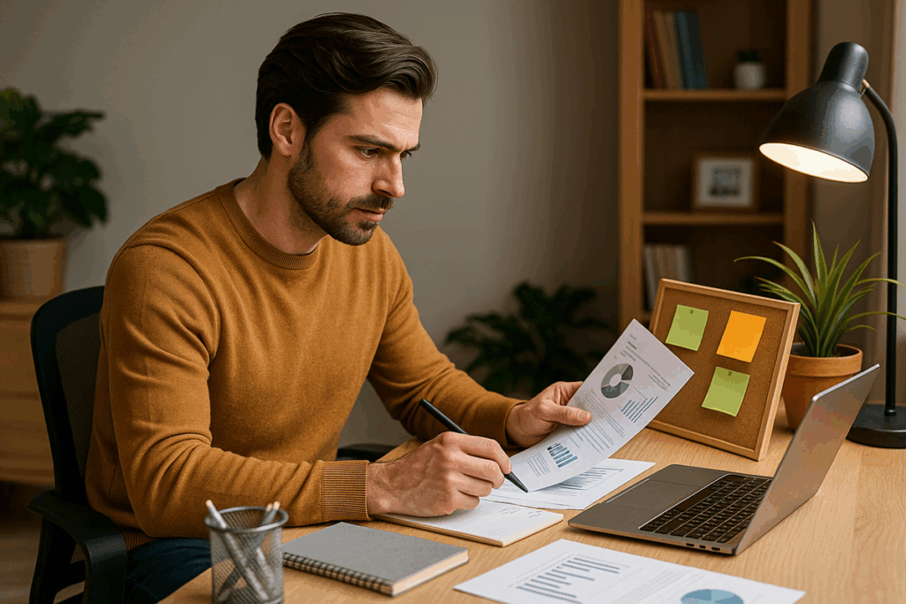 Afiliado digital planejando seu posicionamento de mercado com laptop e relatórios