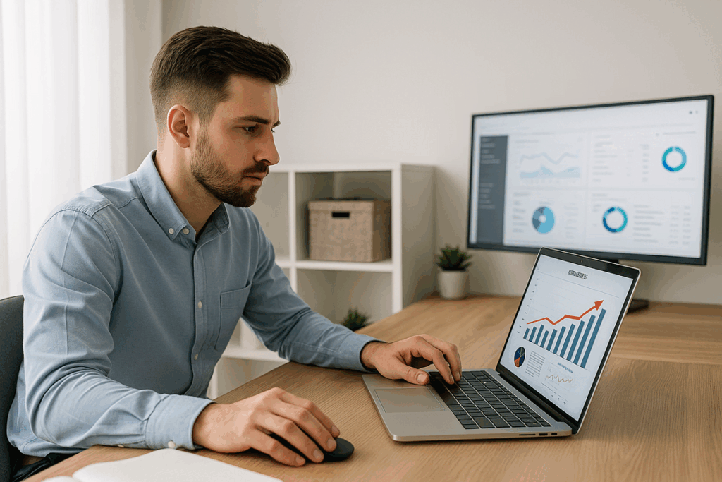 Afiliado digital analisando gráficos de crescimento e lucros em laptop