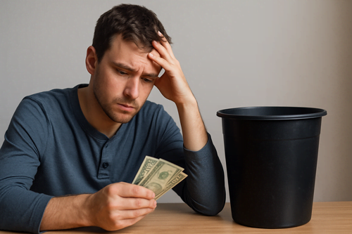 Homem analisando dinheiro com expressão pensativa, simbolizando hábitos financeiros invisíveis