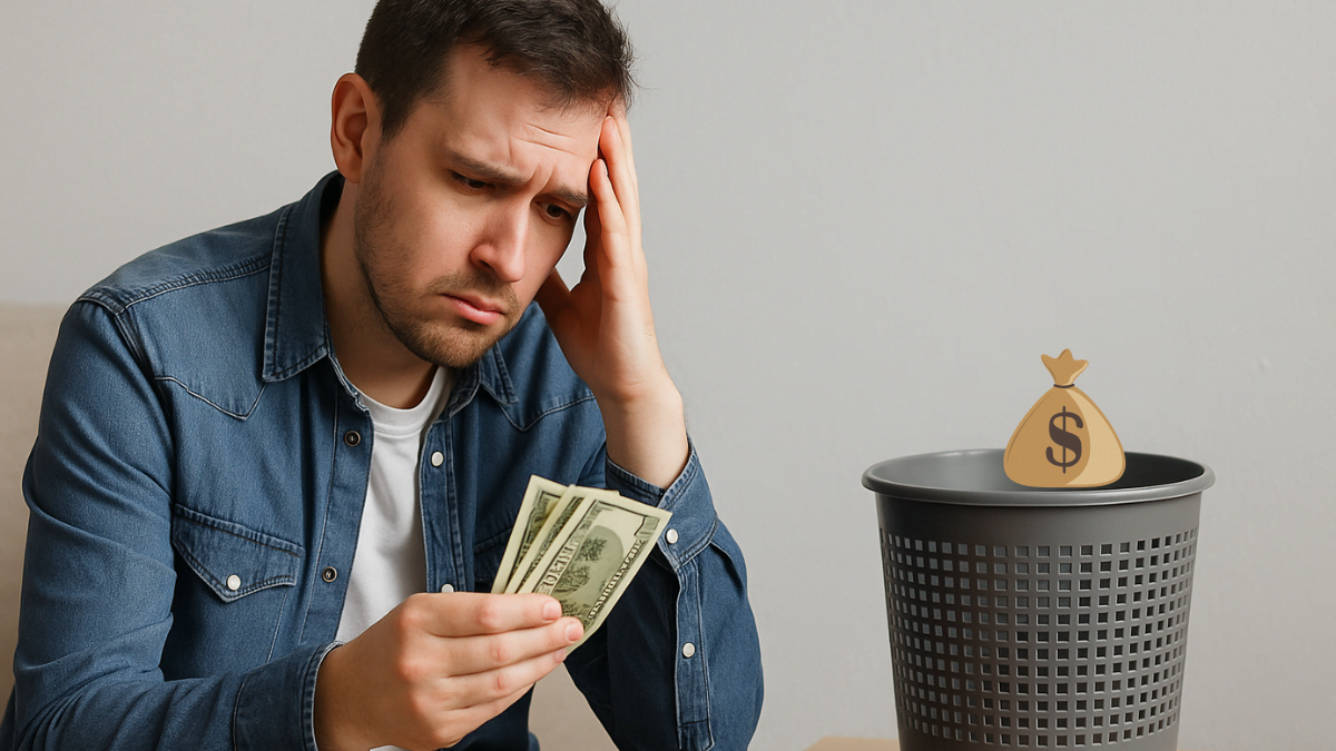 Homem triste segurando dinheiro na mão enquanto olha para um balde de lixo ao lado