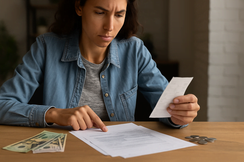 Pessoa analisando documentos e dinheiro para identificar vazamentos financeiros