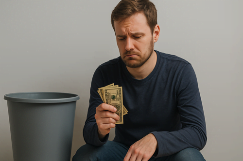 Pessoa triste segurando notas de dinheiro enquanto observa um balde de lixo ao lado