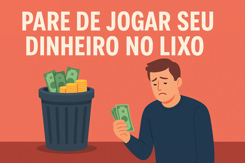 Pessoa triste segurando algumas notas de dinheiro enquanto observa um balde de lixo ao lado
