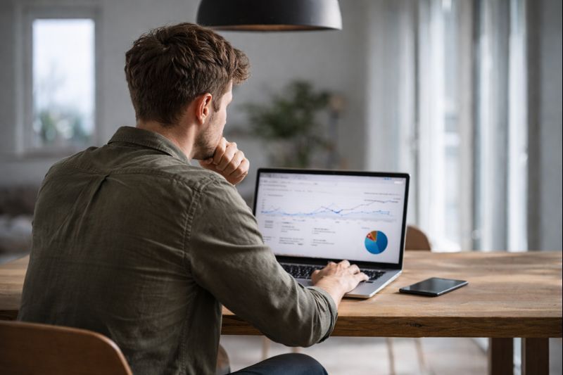Pessoa analisando dados no notebook em casa representando como ganhar dinheiro online sem aparecer