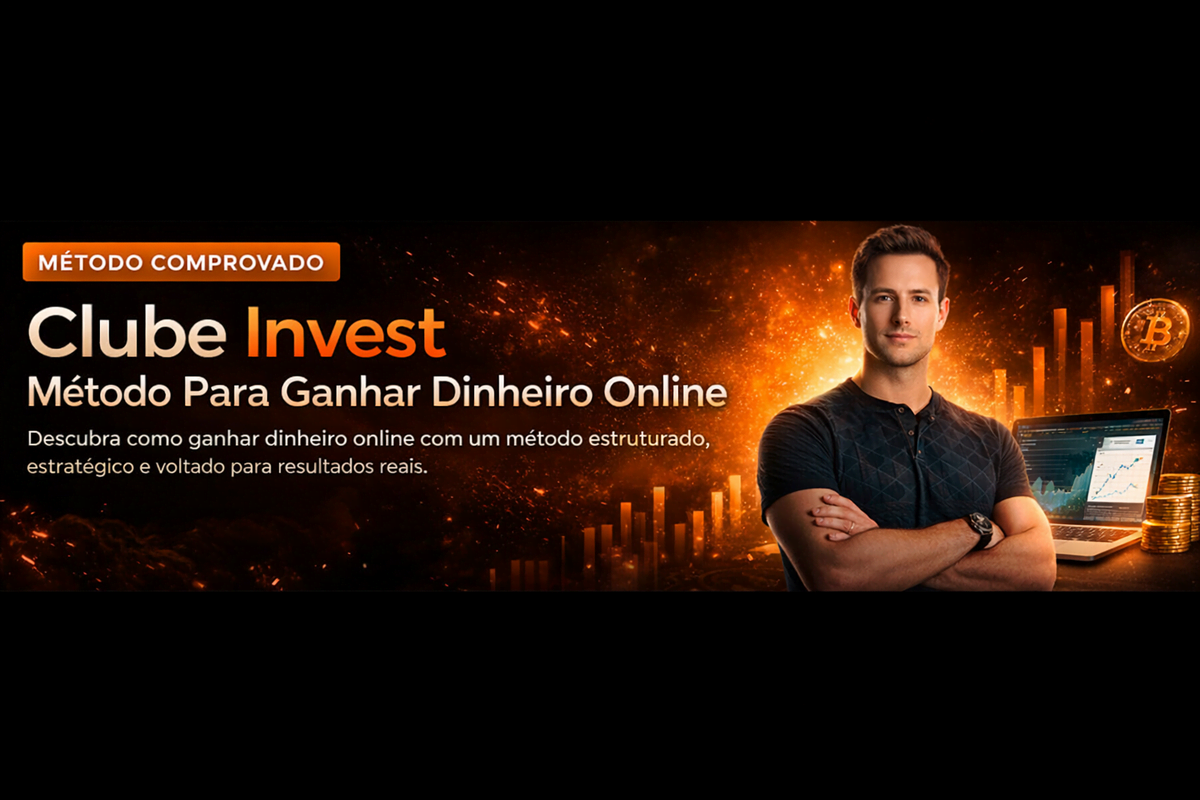 Banner oficial do Clube Invest com fundo escuro e elementos em laranja, homem confiante com braços cruzados e gráficos de crescimento digital ao fundo.