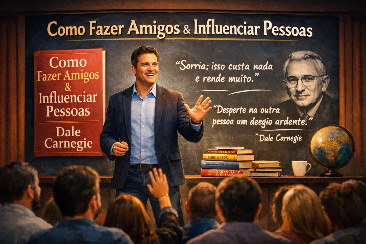 Palestrante ensinando princípios de como fazer amigos e influenciar pessoas diante de uma plateia atenta em ambiente corporativo