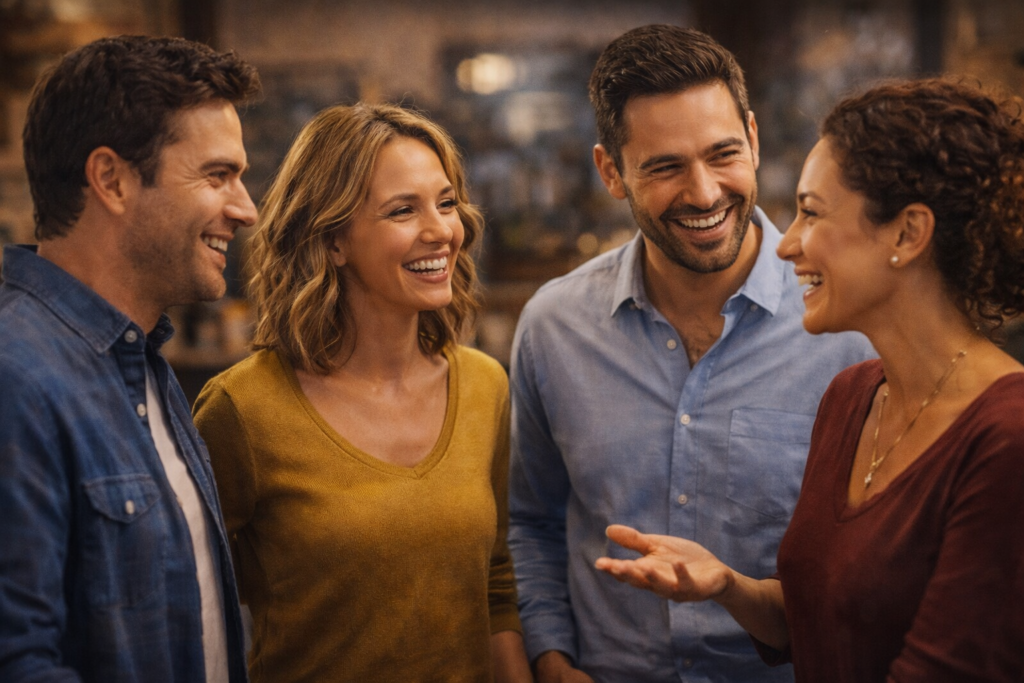 Grupo de quatro pessoas sorrindo e conversando em ambiente acolhedor, demonstrando interesse genuíno e conexão interpessoal