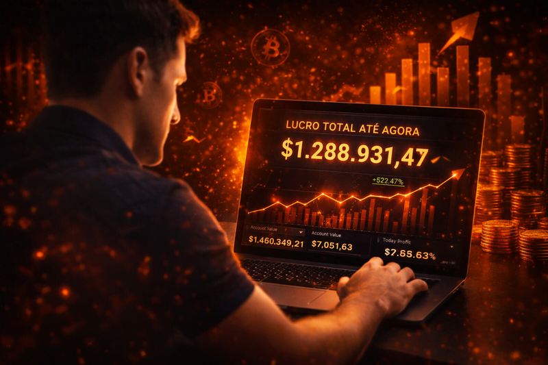 Homem analisando lucro crescente em notebook com gráficos ascendentes e iluminação laranja representando crescimento financeiro digital.