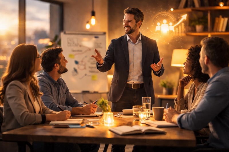 Líder apresentando ideias para equipe em reunião corporativa moderna, com expressão confiante e equipe engajada
