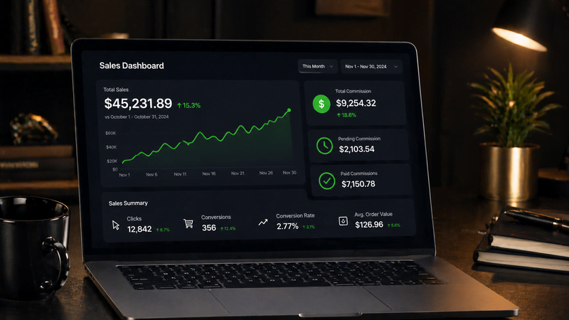 painel de comissões de marketing de afiliados subindo