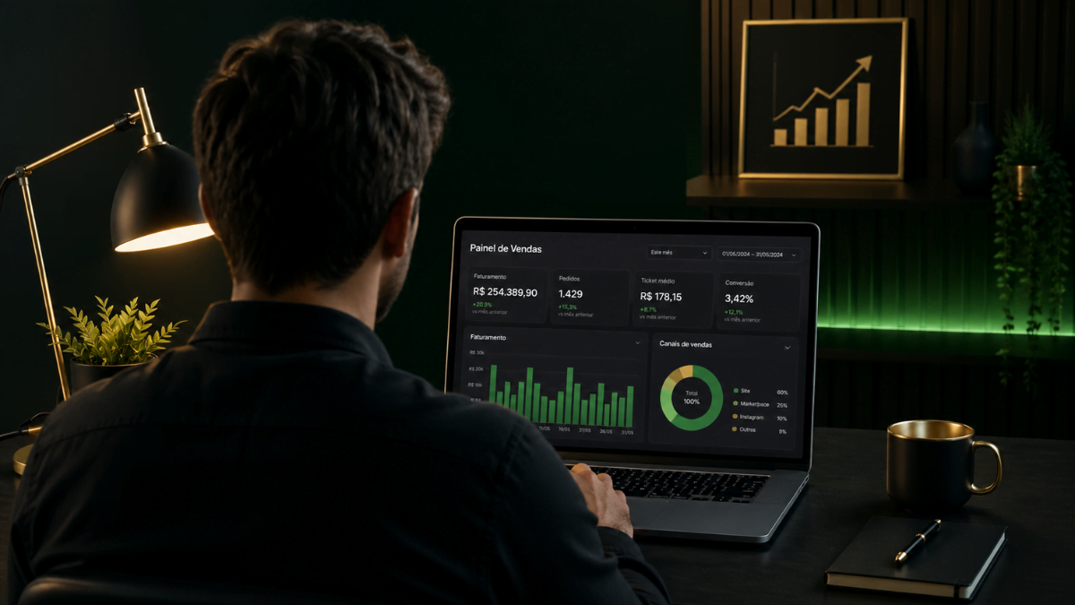 Pessoa de costas no notebook faturando dinheiro online sem aparecer