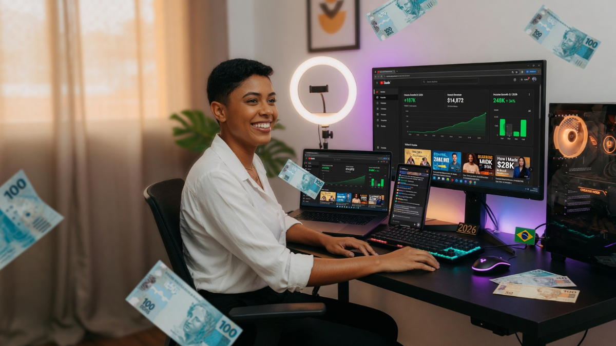 Empreendedor jovem em home office moderno vendo gráficos de crescimento de renda no YouTube com estratégia de monetização
