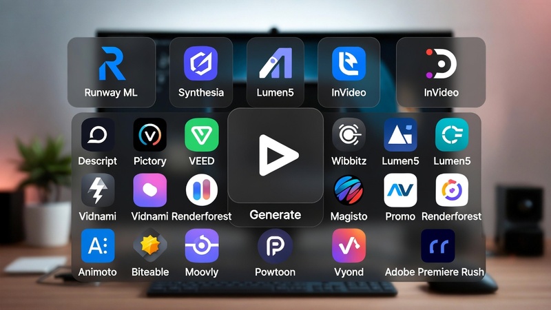 Composição visual mostrando logos e ícones das principais ferramentas de IA como CapCut, vozes neurais, geradores de roteiro e editores de thumbnail