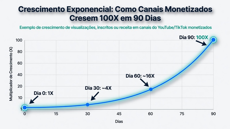Gráfico estatístico em linha mostrando crescimento de visualizações, inscritos e faturamento de um canal do YouTube ao longo de 90 dias