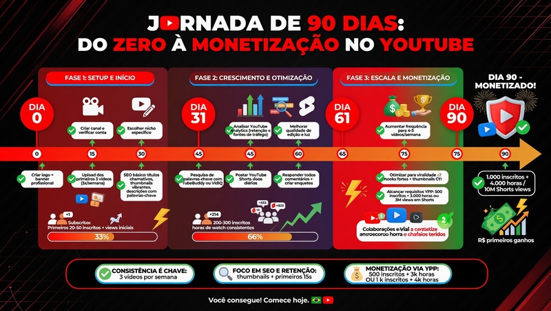Linha do tempo com 4 marcos principais representando 90 dias de progressão no YouTube desde criação até monetização do canal